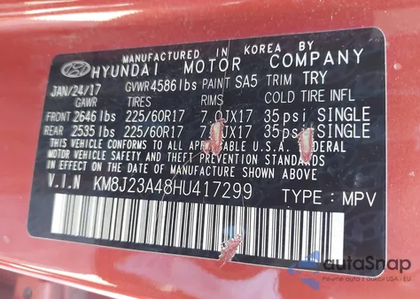 2017 Hyundai Tucson Se from USA, damaged, VIN KM8J23A48HU417299